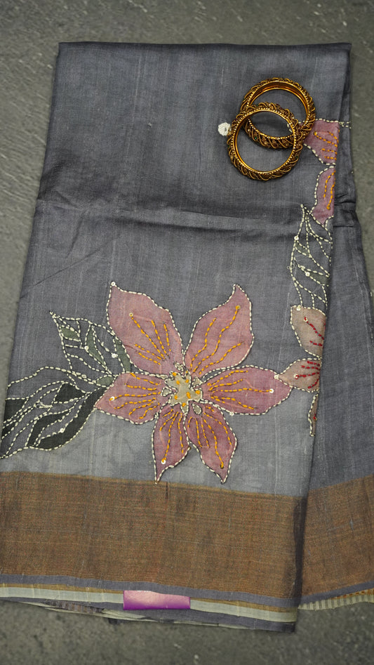 Pure Chanderi Saree -Grey Lotus Chanderi Kantha Work