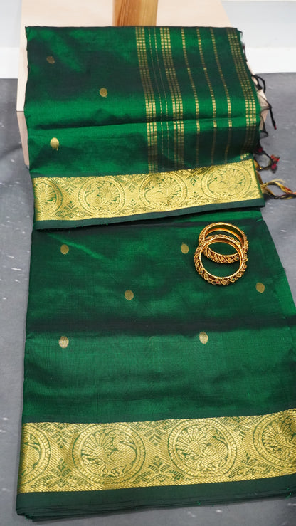 Pure Silk Cotton Saree-Green Round Buta