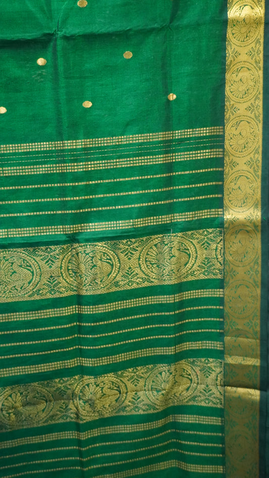 Pure Silk Cotton Saree-Green Round Buta