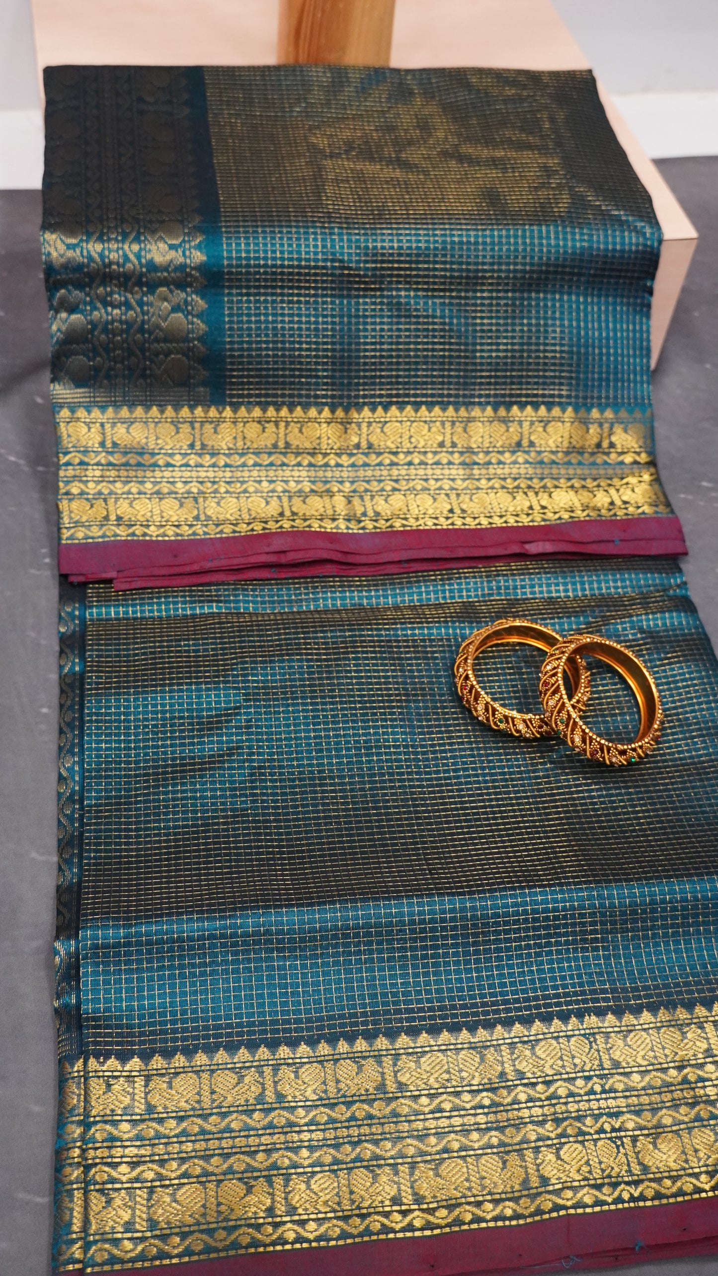 Pure Silk Cotton Saree-Blue Small Checks Zari