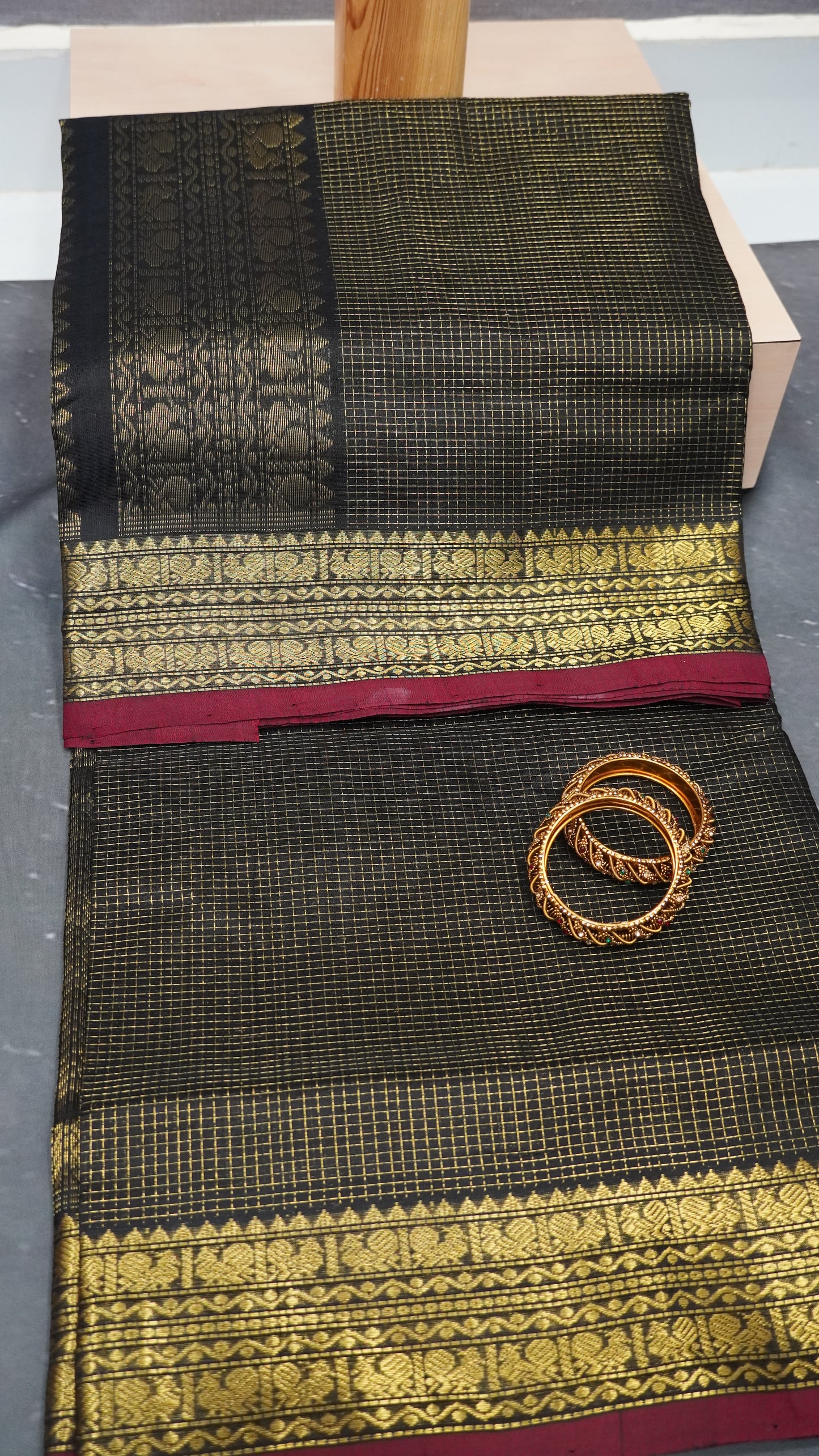 Pure Silk Cotton Saree-Black Small Checks