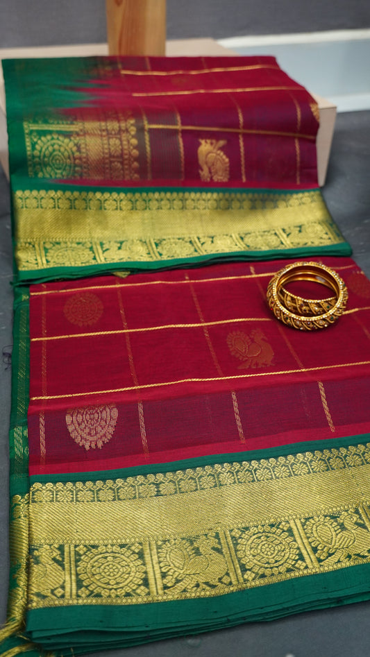 Pure Silk Cotton Saree-Maroon Green Mayil Chakram