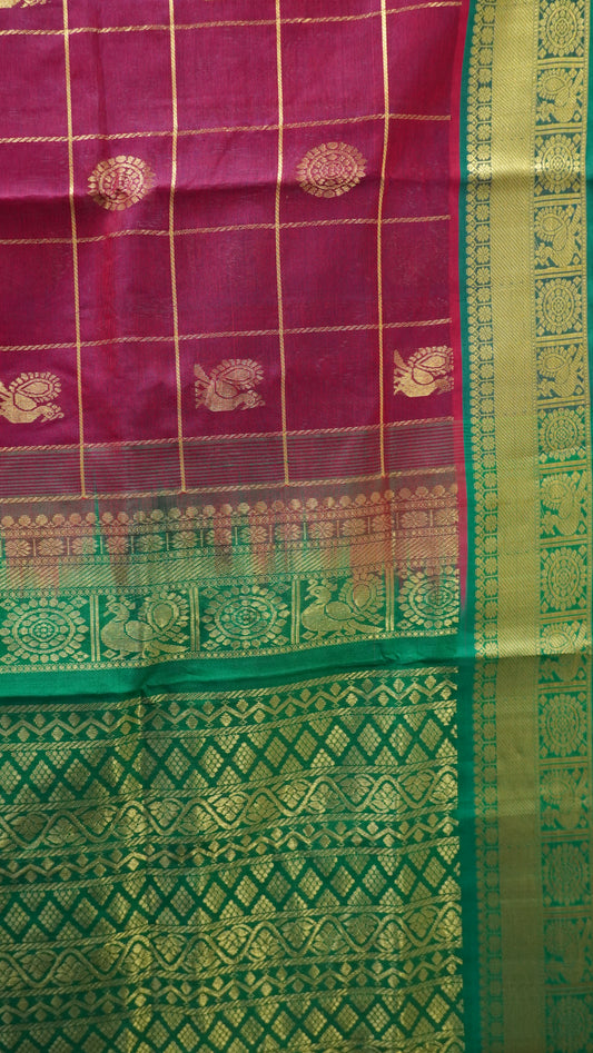 Pure Silk Cotton Saree-Maroon Green Mayil Chakram