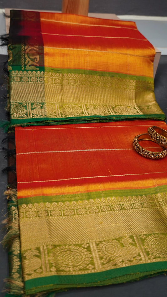 Pure Silk Cotton Saree-Mango Yellow -Green Mayil Chakram