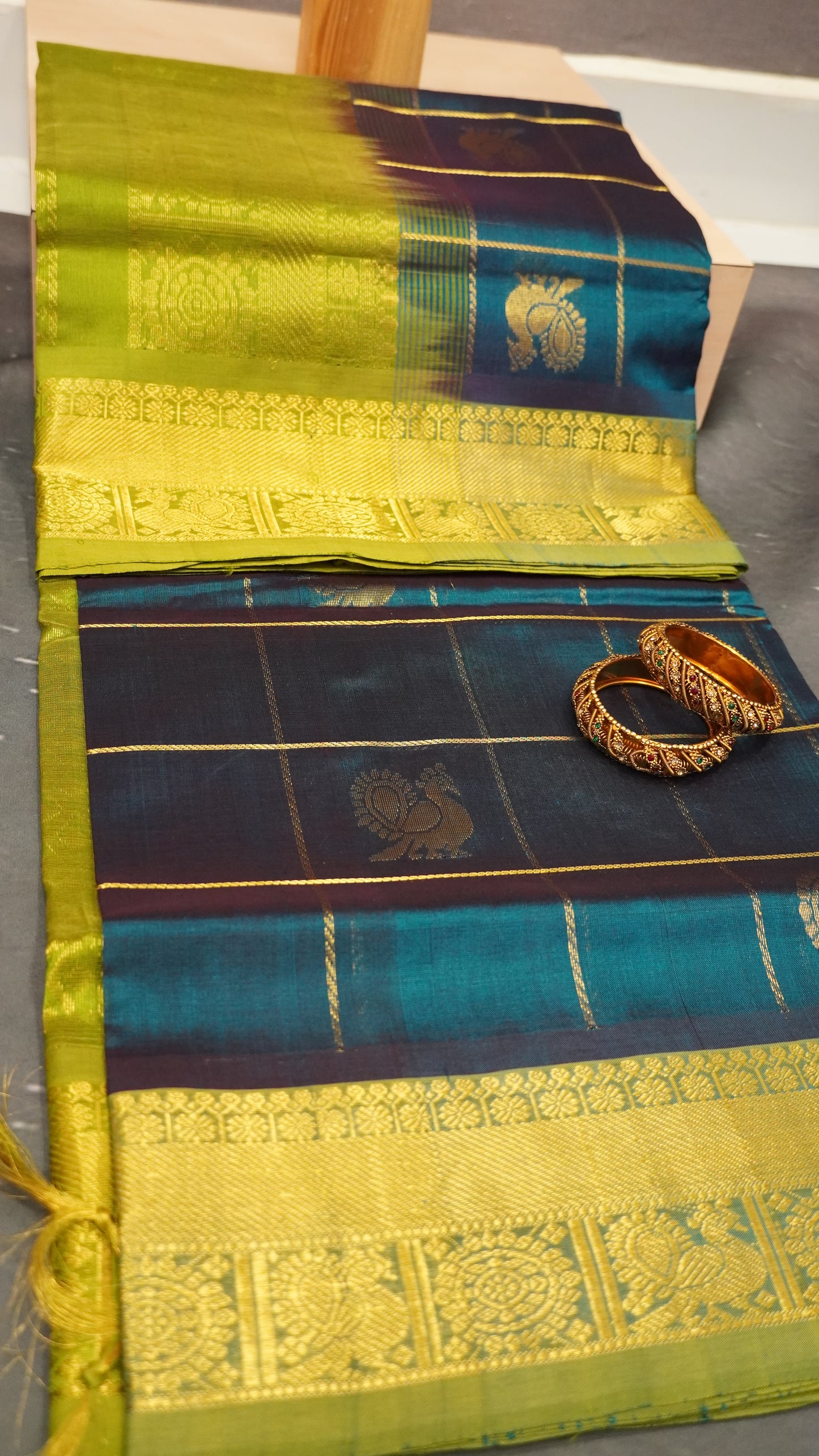 Pure Silk Cotton Saree-Peacock Blue -Olive Green Mayil Chakram