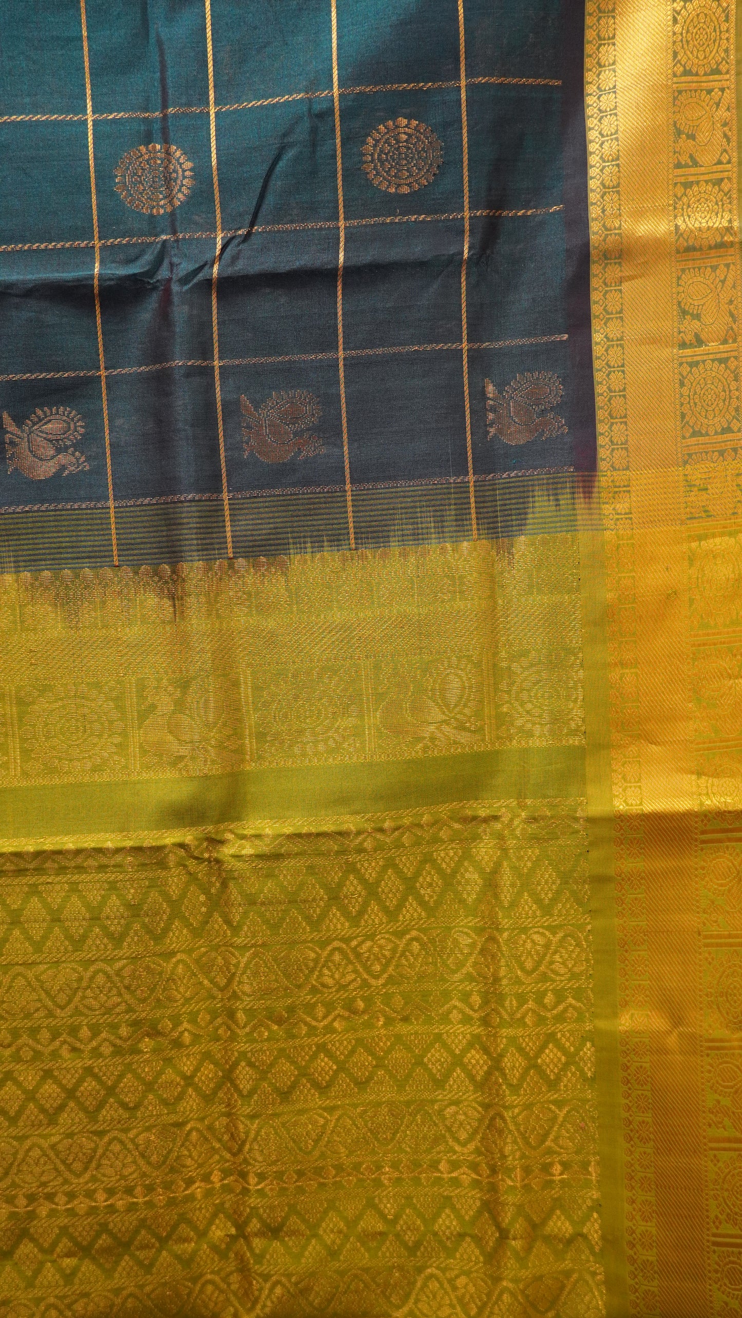 Pure Silk Cotton Saree-Peacock Blue -Olive Green Mayil Chakram