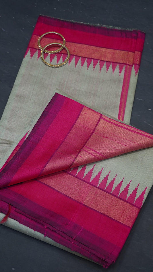 Pure Dupion Silk Saree - Small Tower Border Muted Sage Green