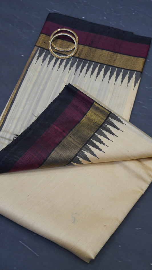 Pure Dupion Silk Saree - Small Tower Border Off-White.