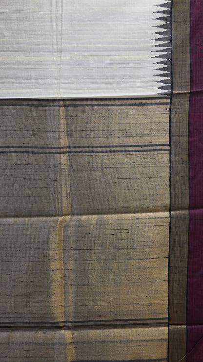 Pure Dupion Silk Saree - Small Tower Border Off-White.