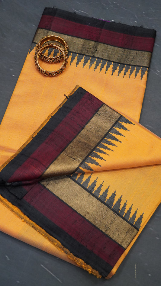 Pure Dupion Silk Saree - Small Tower Border Mango Yellow