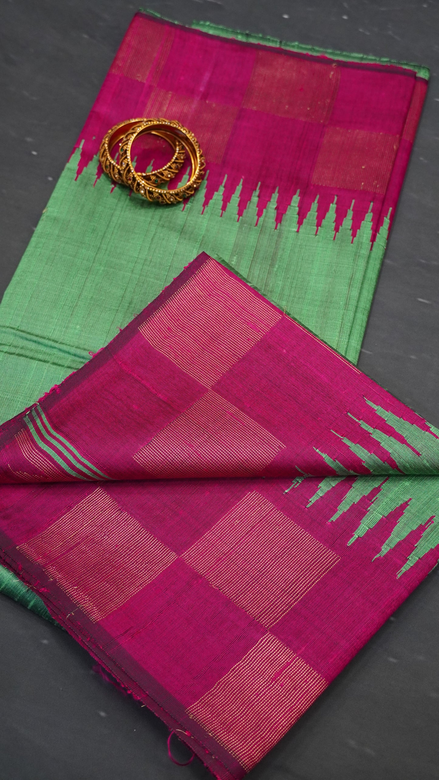 Pure Dupion Silk Saree - Checks Border - Pista Green