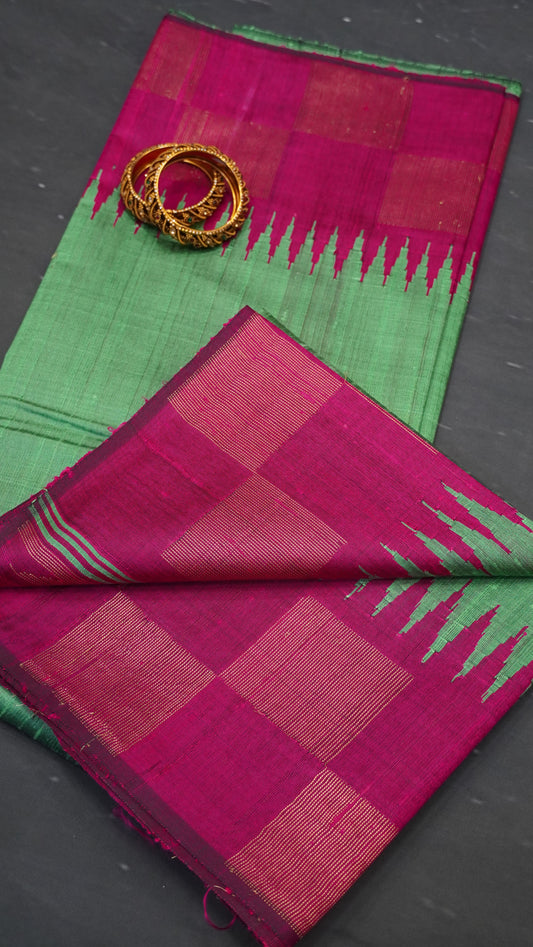 Pure Dupion Silk Saree - Checks Border - Pista Green