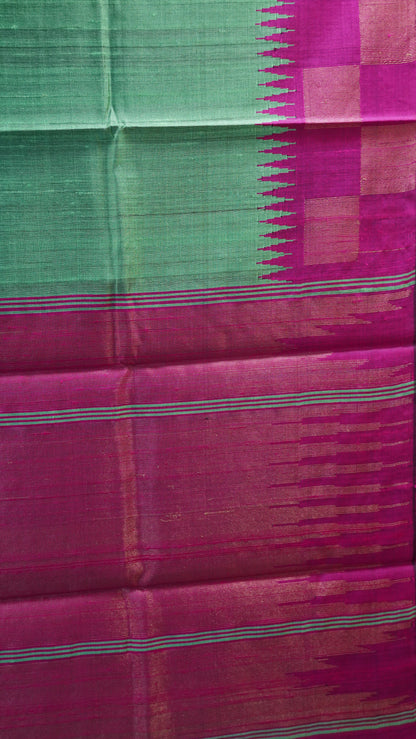 Pure Dupion Silk Saree - Checks Border - Pista Green