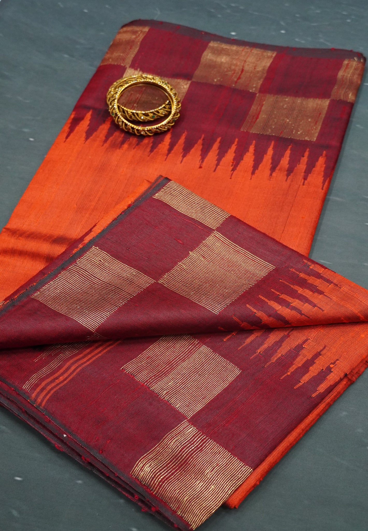 Pure Dupion Silk Saree - Checks Border - Dark Orange.