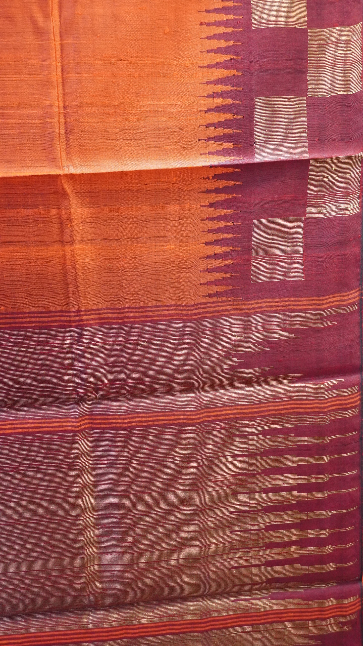 Pure Dupion Silk Saree - Checks Border - Dark Orange.