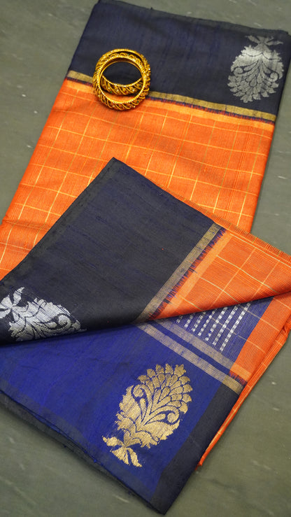 Pure Dupion Silk Saree - Zari Checks - Orange