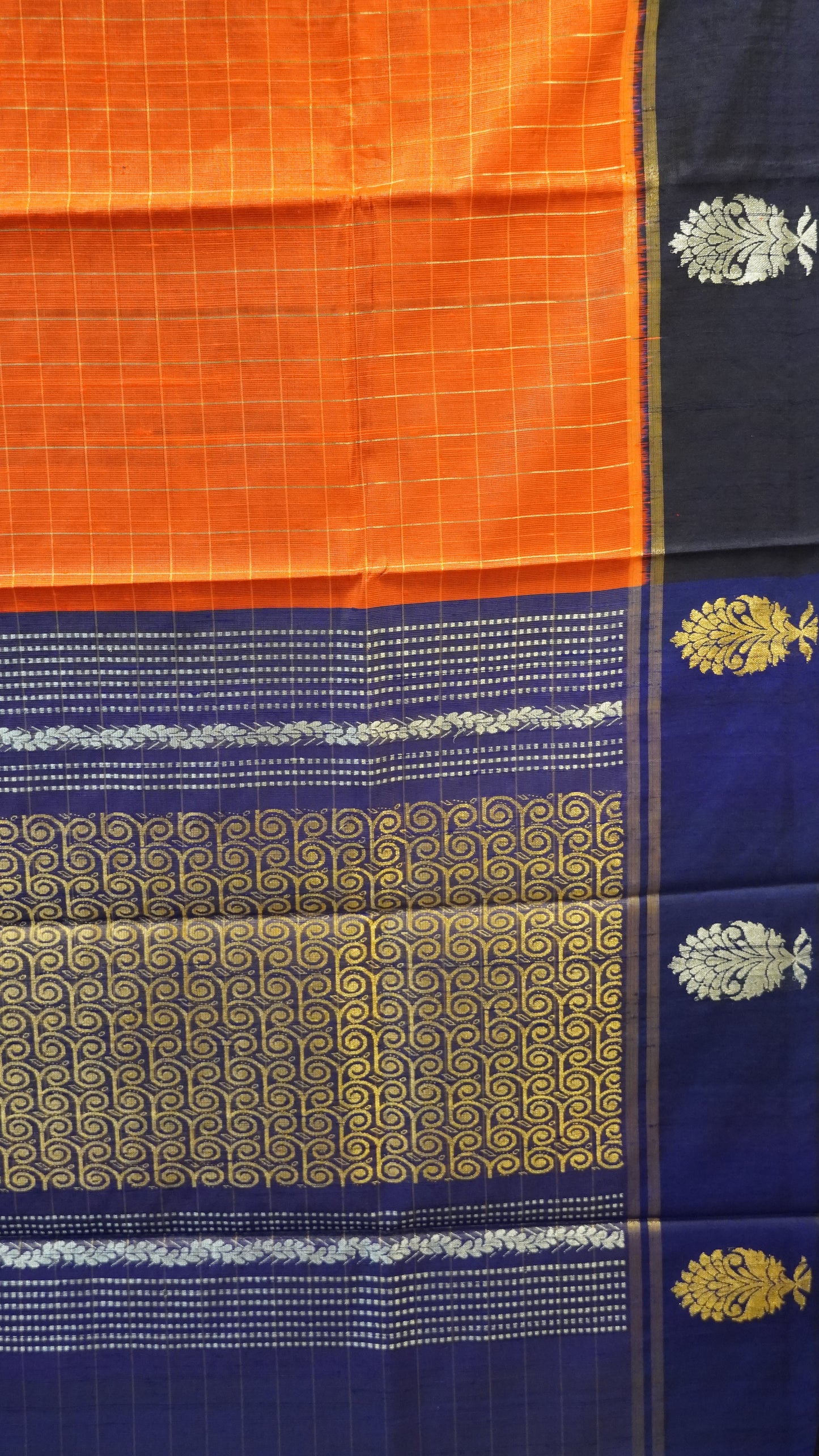 Pure Dupion Silk Saree - Zari Checks - Orange