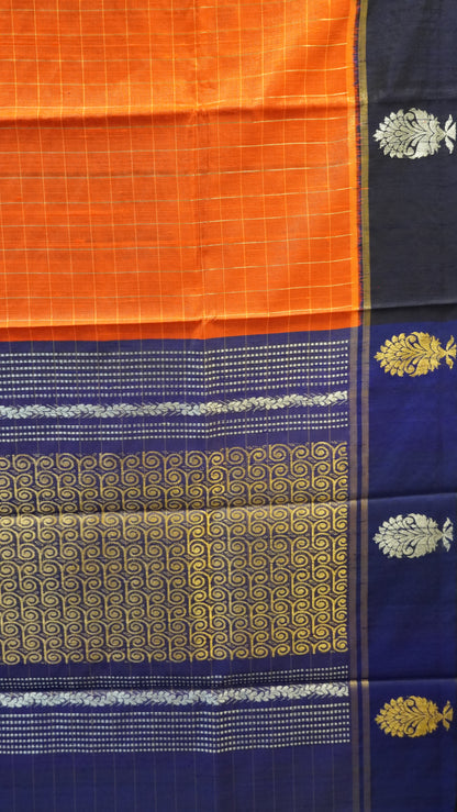 Pure Dupion Silk Saree - Zari Checks - Orange