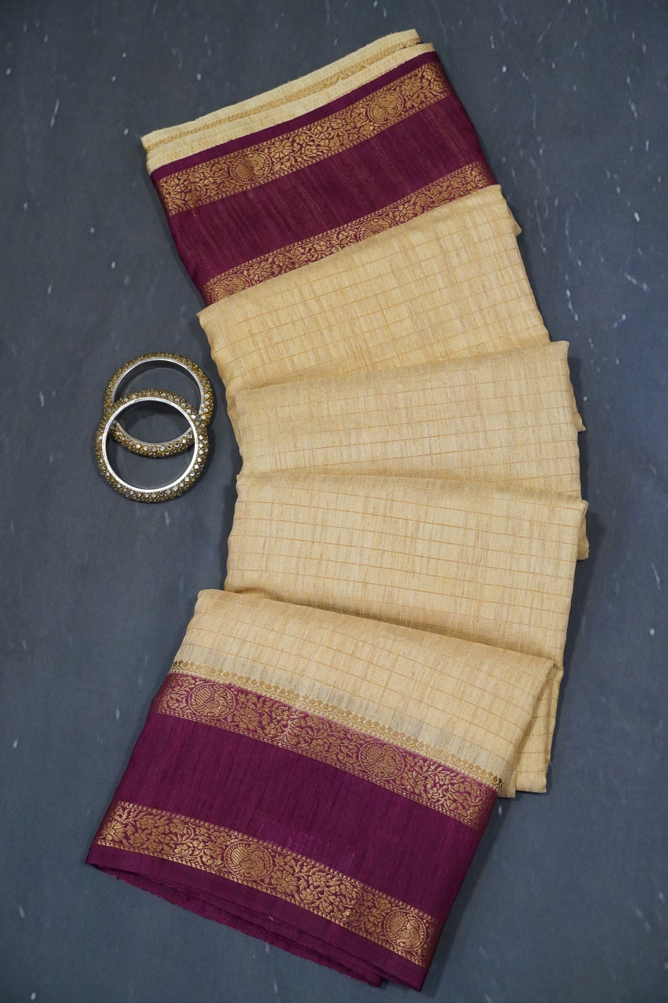 Semi Raw Saree - Sandal - Wine