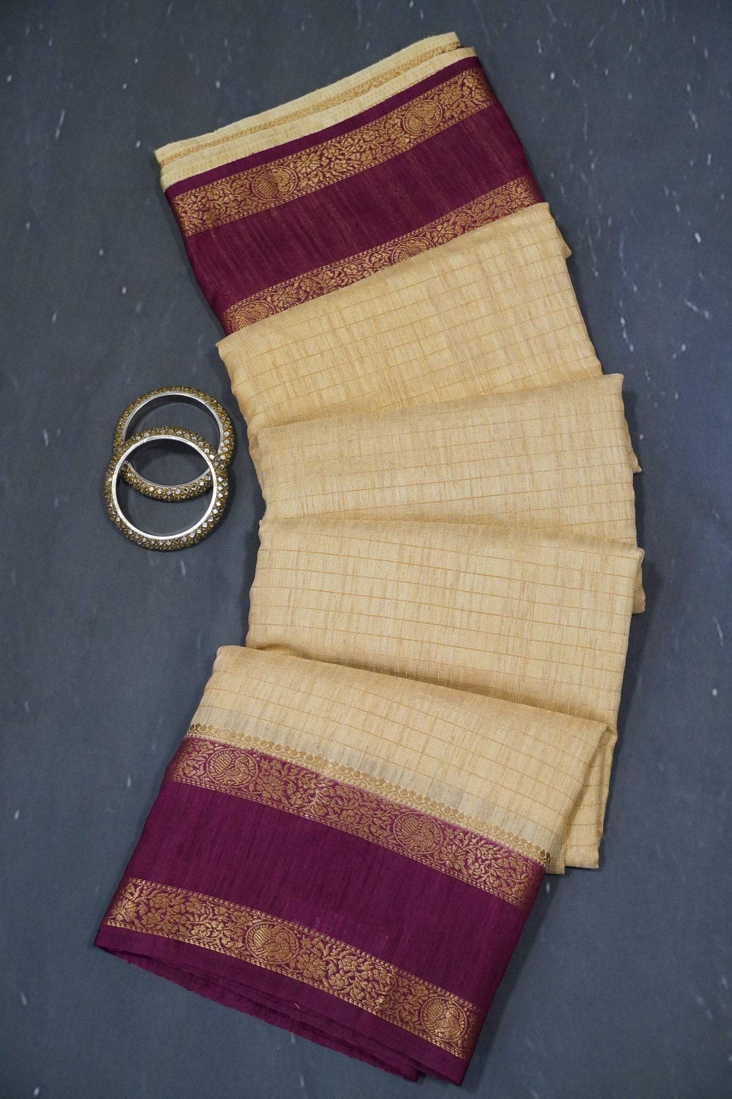 Semi Raw Saree - Sandal - Wine