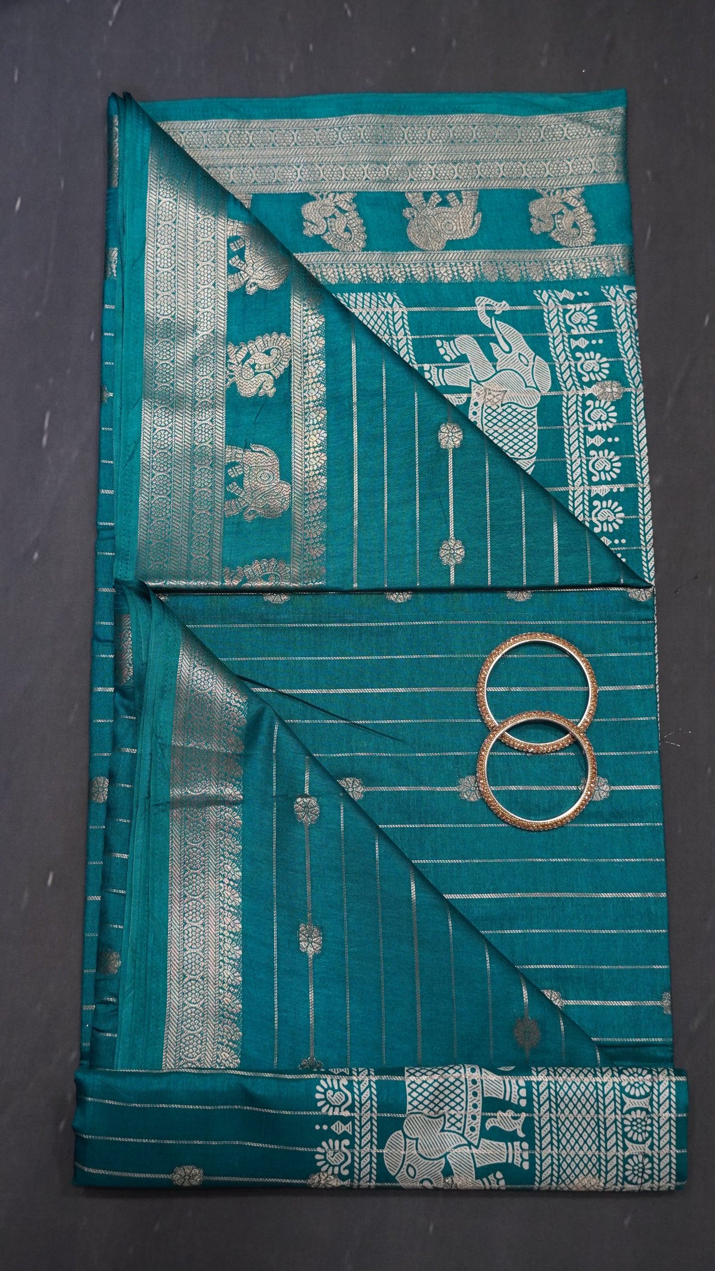 Semi Dola Silk Saree-Zari Lines-Teal Green