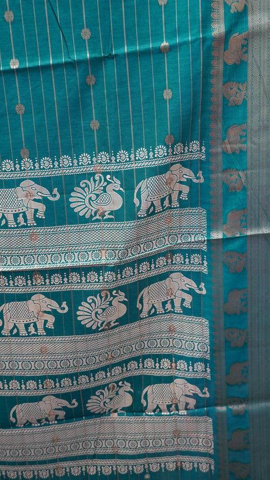 Semi Dola Silk Saree-Zari Lines-Teal Green