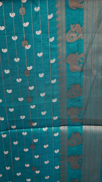 Semi Dola Silk Saree-Zari Lines-Teal Green