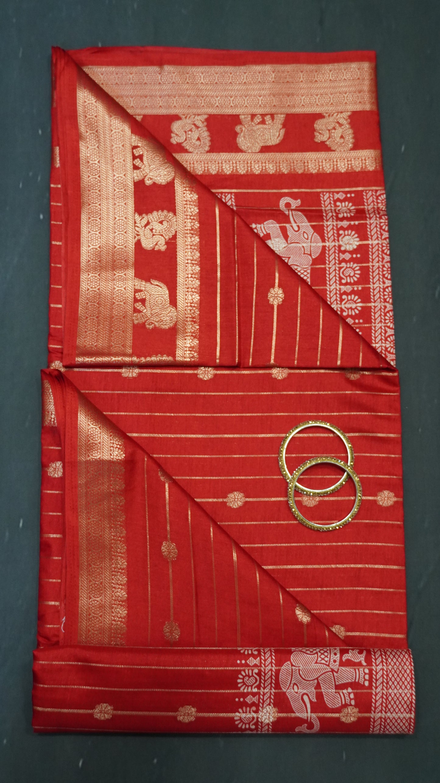 Semi Dola Silk Saree-Zari Lines-Red