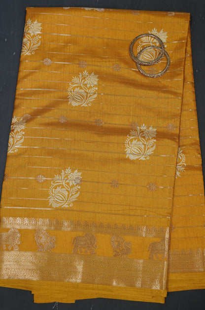 Semi Dola Silk Saree- Lotus Zari Lines-Mustard