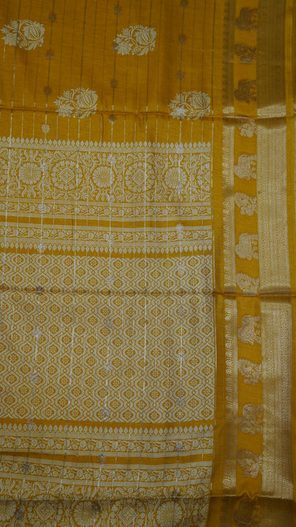 Semi Dola Silk Saree- Lotus Zari Lines-Mustard