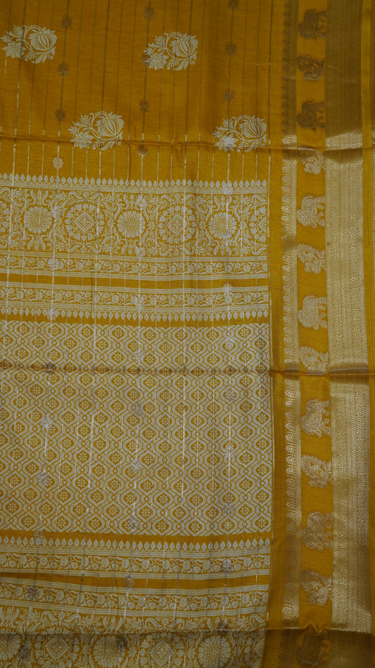 Semi Dola Silk Saree- Lotus Zari Lines-Mustard