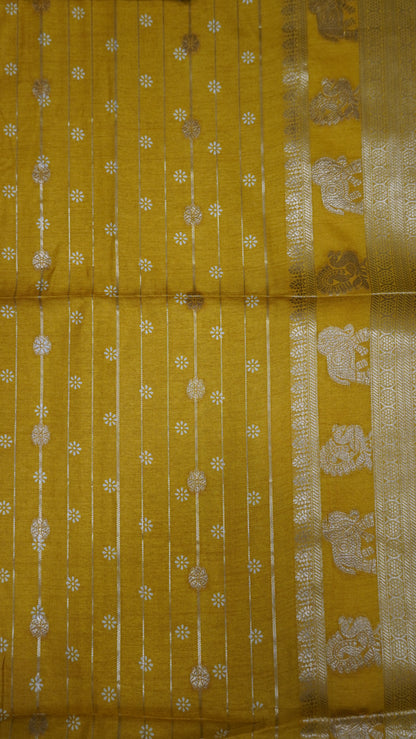 Semi Dola Silk Saree- Lotus Zari Lines-Mustard