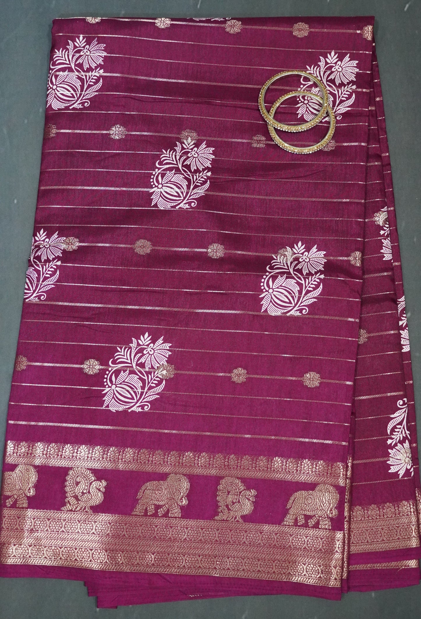 Semi Dola Silk Saree- Lotus Zari Lines-Wine