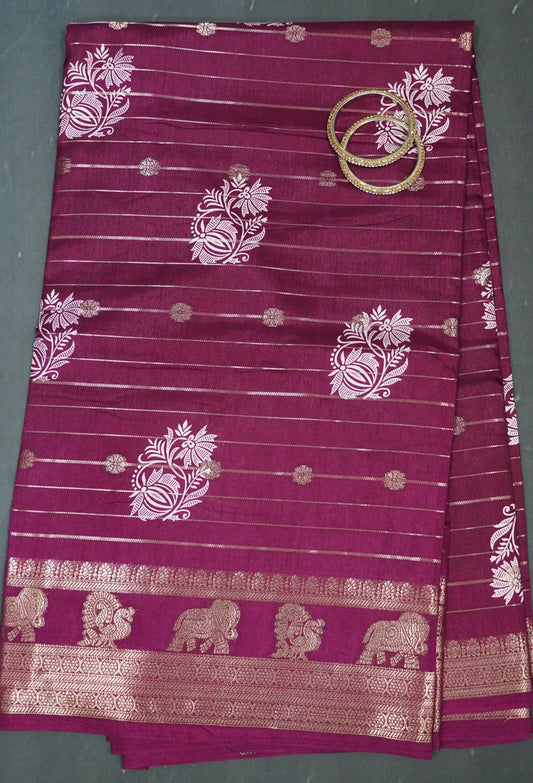 Semi Dola Silk Saree- Lotus Zari Lines-Wine