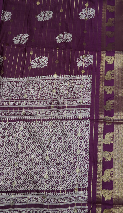 Semi Dola Silk Saree- Lotus Zari Lines-Wine