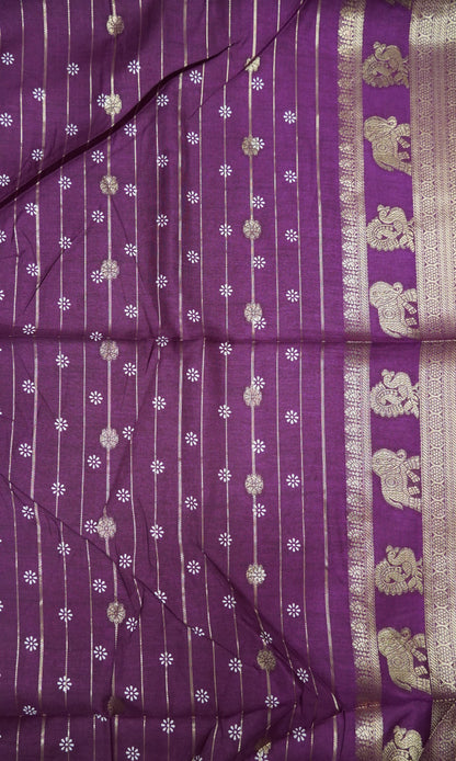 Semi Dola Silk Saree- Lotus Zari Lines-Wine