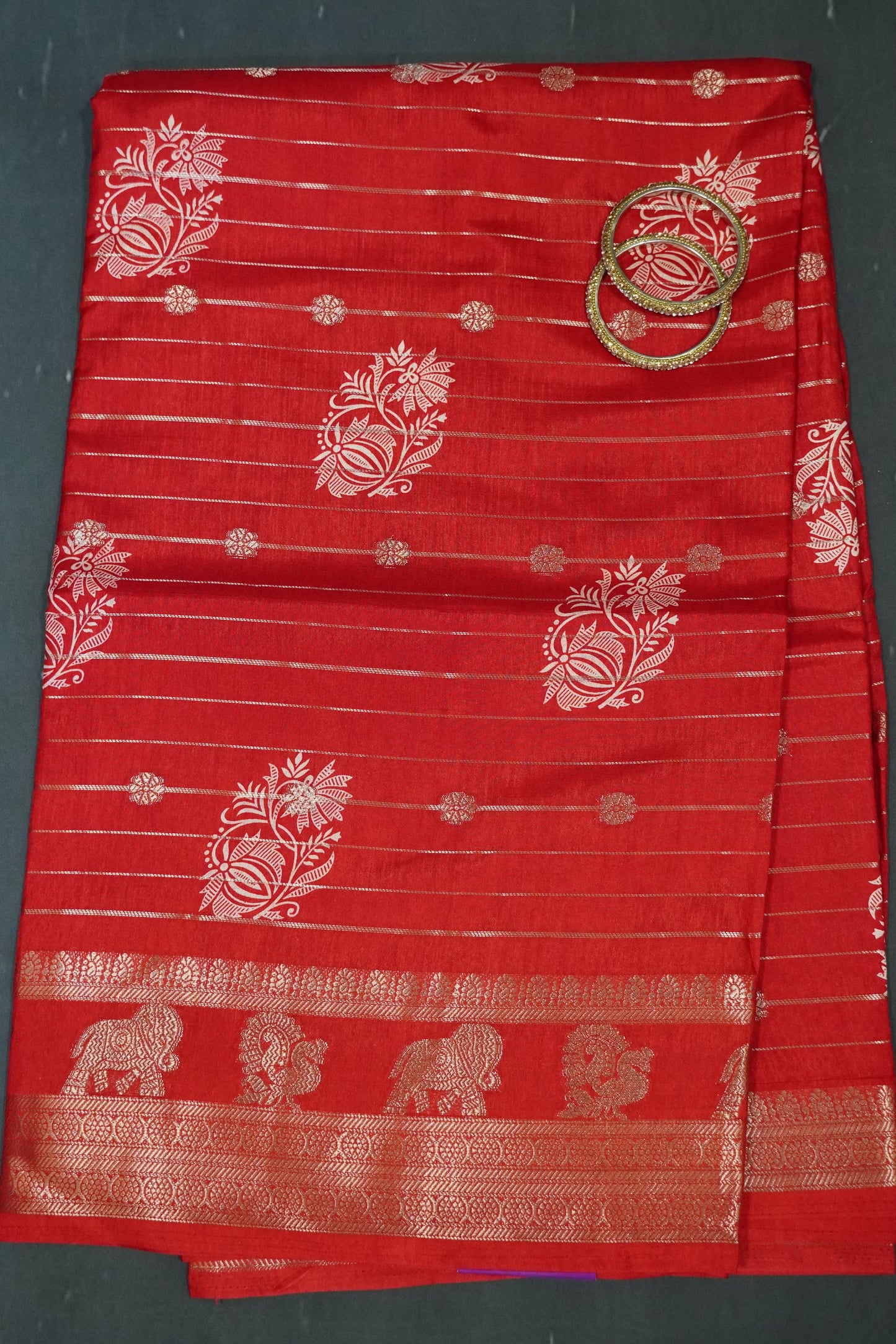 Semi Dola Silk Saree- Lotus Zari Lines-Red
