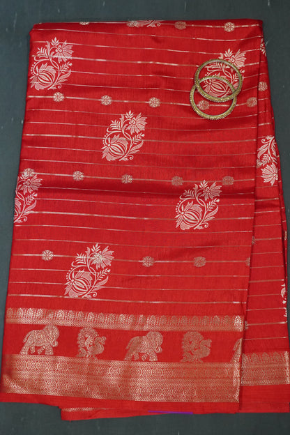Semi Dola Silk Saree- Lotus Zari Lines-Red