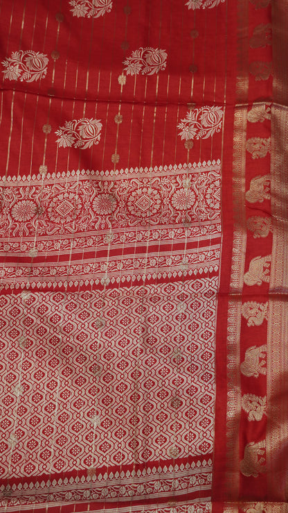 Semi Dola Silk Saree- Lotus Zari Lines-Red