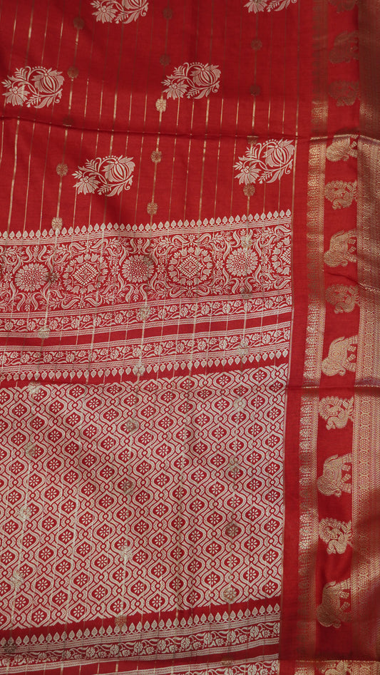 Semi Dola Silk Saree- Lotus Zari Lines-Red
