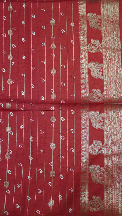 Semi Dola Silk Saree- Lotus Zari Lines-Red