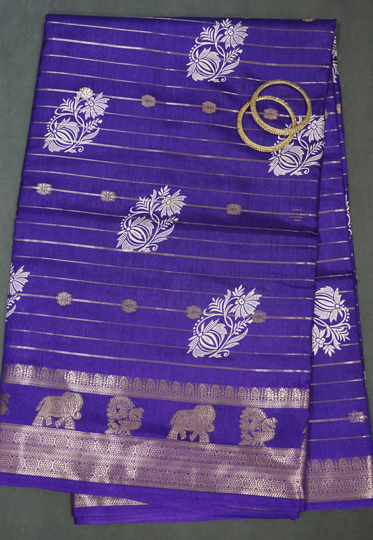 Semi Dola Silk Saree- Lotus Zari Lines-Purple