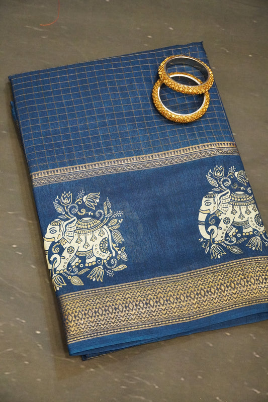 Semi Chiffon Saree - Elephant Peacock Blue