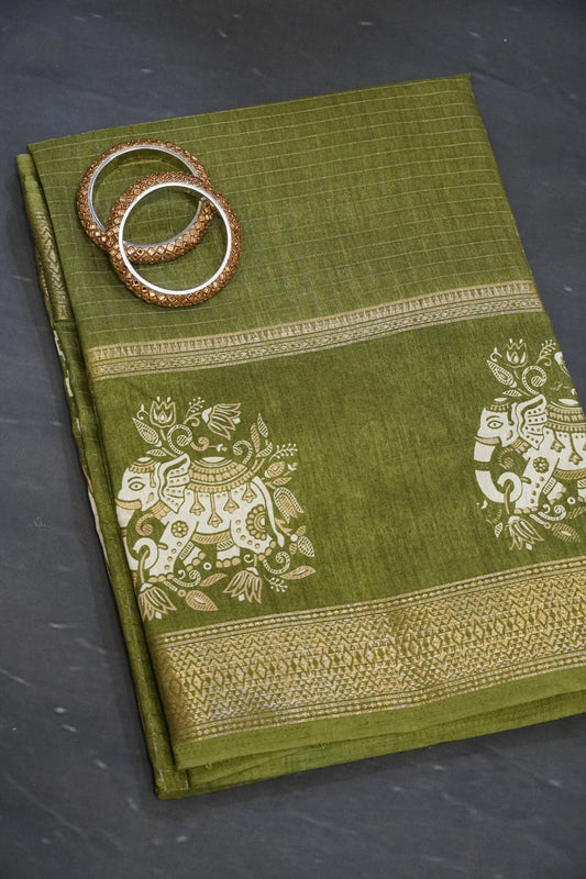 Semi Chiffon Saree - Elephant Olive Green