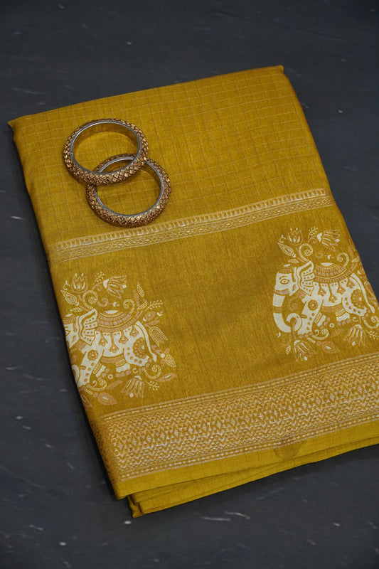 Semi Chiffon Saree - Elephant Mustard