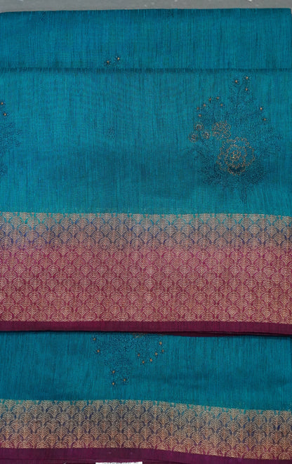 Bamboo Silk Saree-Ramar Blue Tree Zari embryoid Work