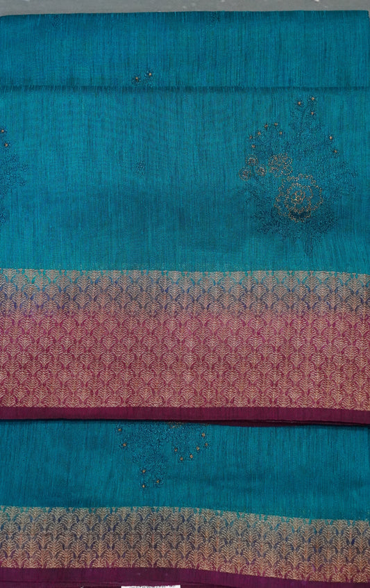 Bamboo Silk Saree-Ramar Blue Tree Zari embryoid Work