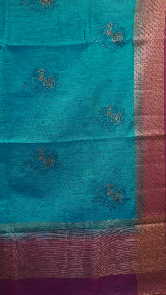 Bamboo Silk Saree-Ramar Blue Tree Zari embryoid Work