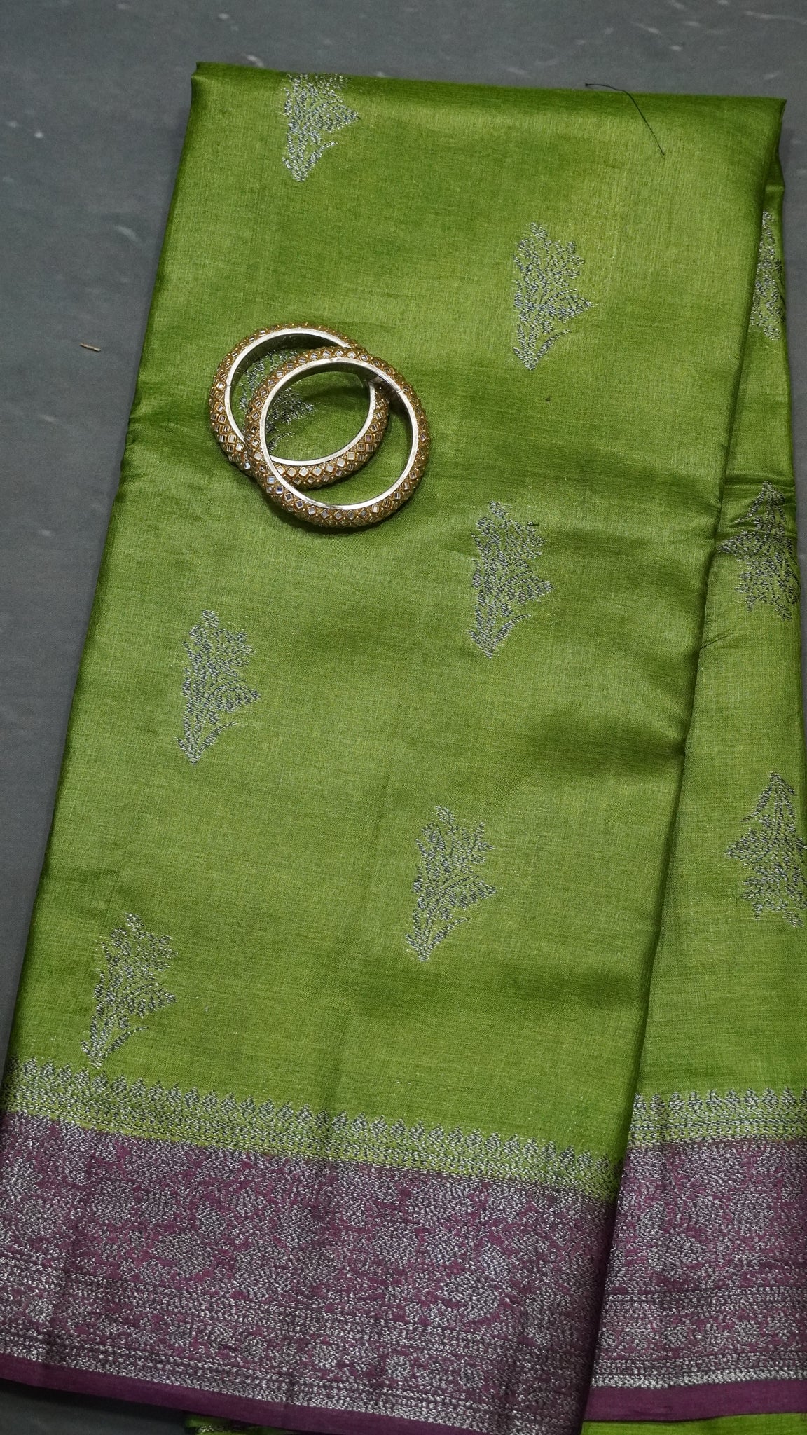 Pure Tussar Saree - Floral Zari-Green
