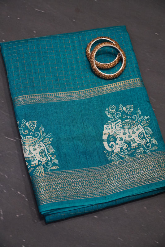 Semi Chiffon Saree - Elephant Aqua Blue